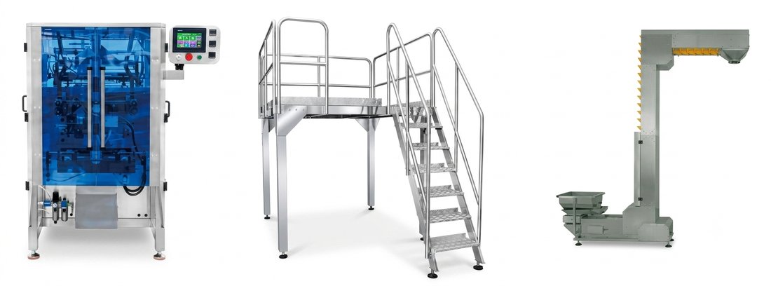 Accesorios incluidos con la D-505M14CAB: envasadora vertical, plataforma de acceso con escalera y elevador de cangilón